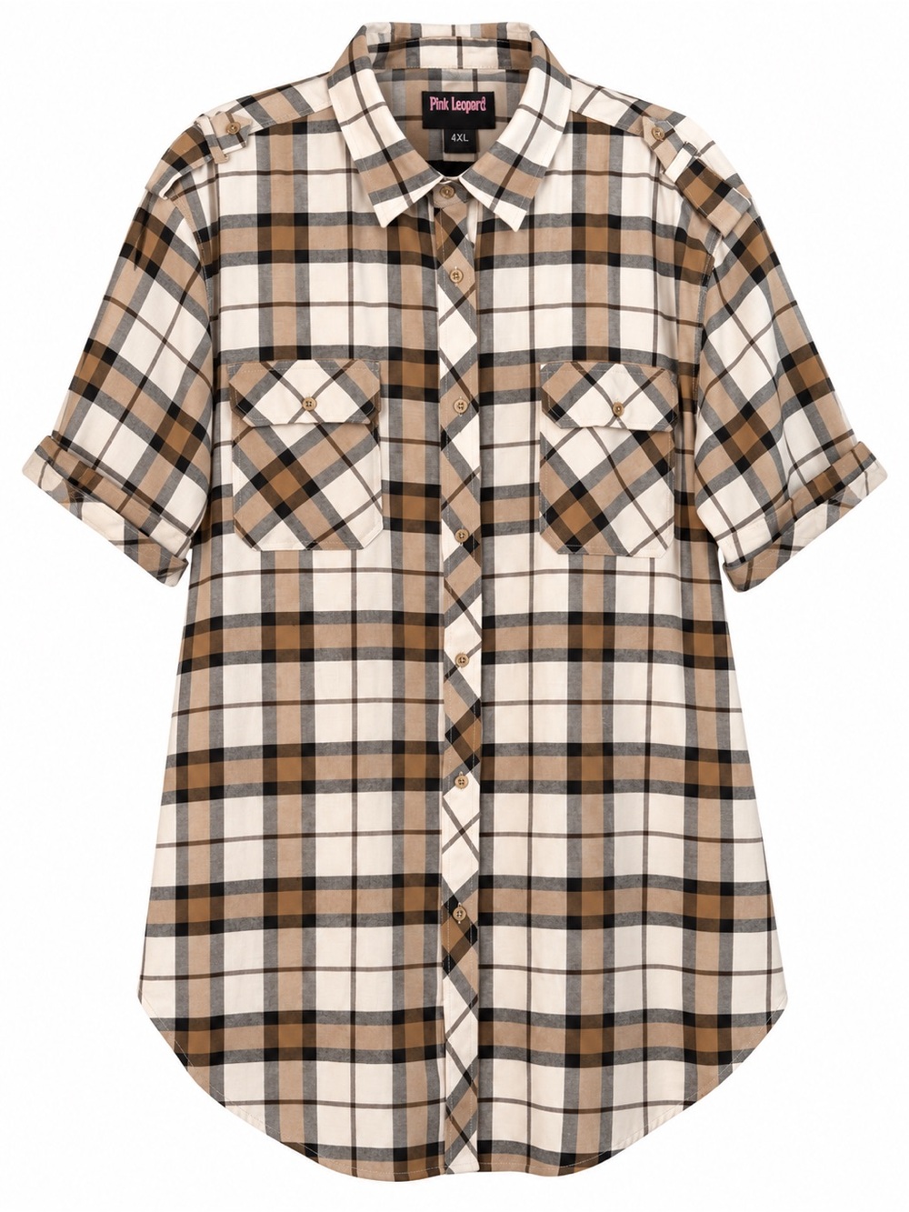 Pink Leopard 4XL Plaid Button Front Short Sleeve Utility Tunic Shirt - Picture 3 of 6